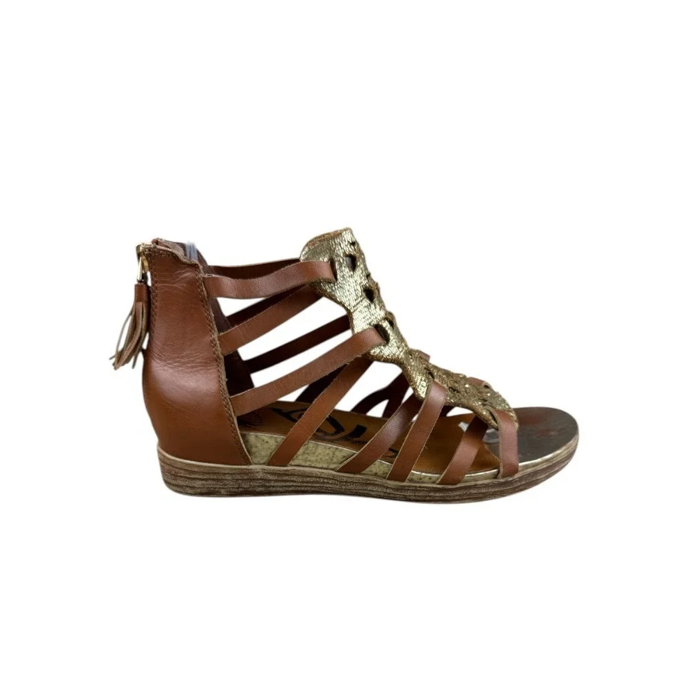 OTBT‎ Bonita Metallic Gladiator Sandals Brown Gold Back Zip Boho Size 7.5